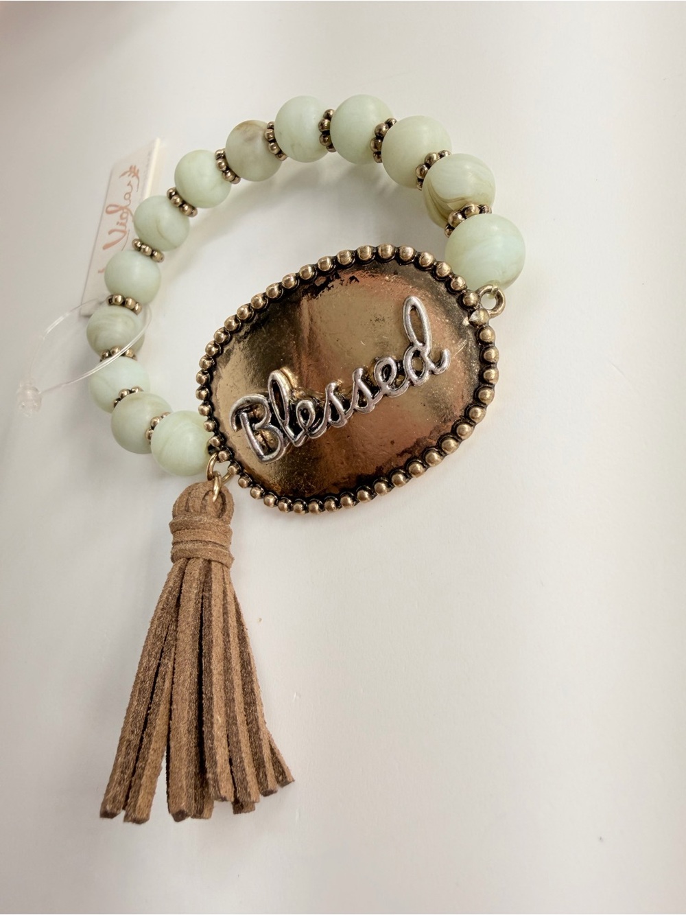 Lily Mint Bead Bracelet with Gold 'Blessed' Oval & Tan Tassel